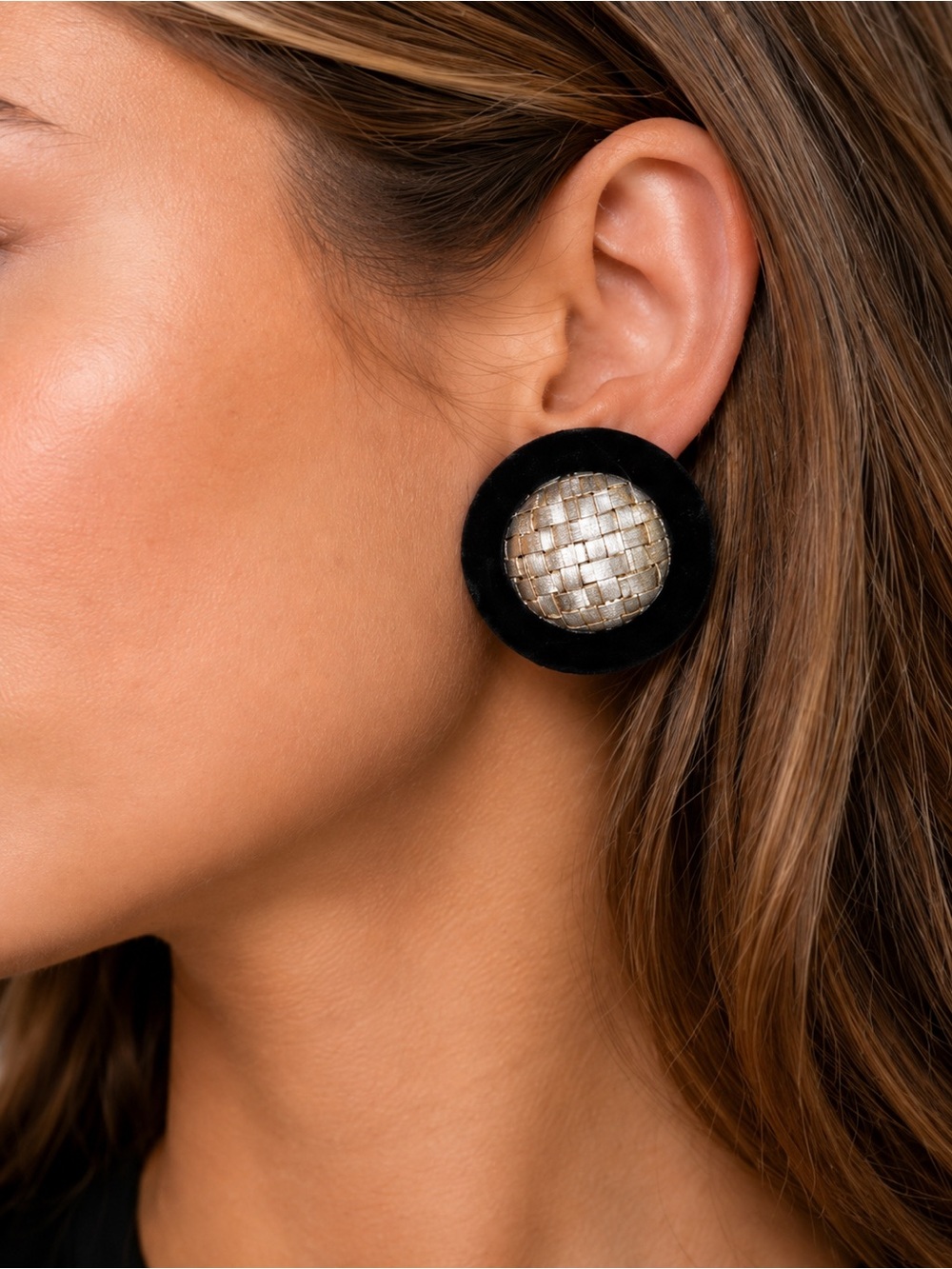 Vintage Black Velvet & Silver Faux Leather Clip-On Earrings Oversized